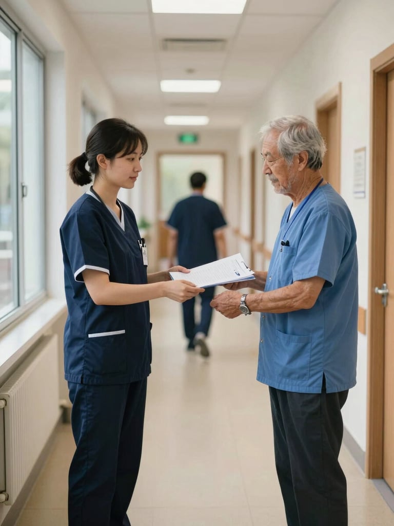 Wide environmental frame, care home corridor during morning handover — a PSL support worker in uniform passing a folder of documentation to a senior carer at the nurses' station, both focused on the paperwork, natural daylight from a side window, no faces directed at camera, clinical order visible in the background