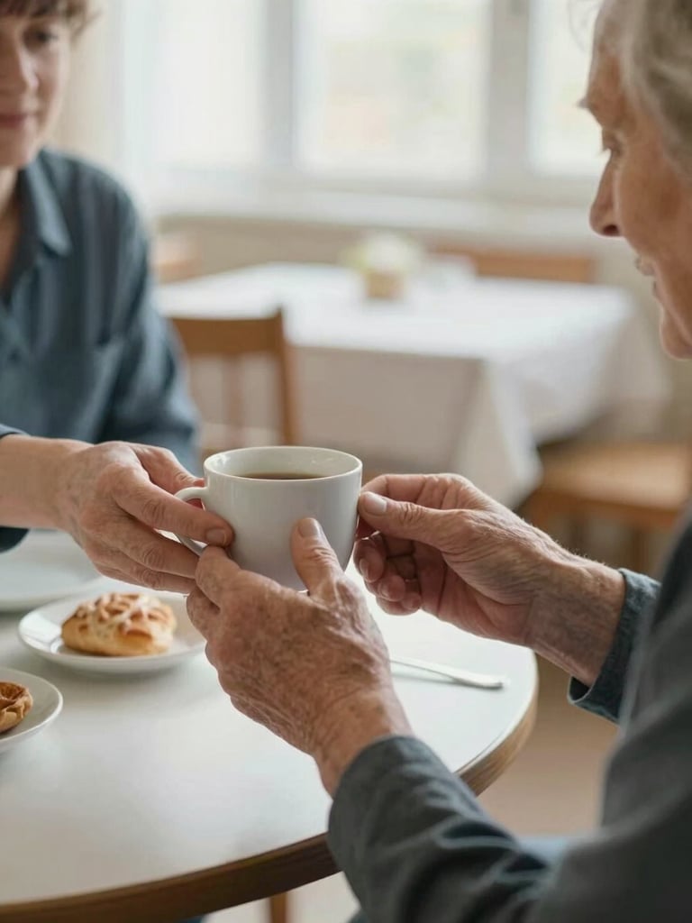 Close-up documentary shot of a support worker's hands assisting an elderly resident with a cup during morning routine, care home dining room in soft daylight background, warm even lighting, focus on attentive task-level care