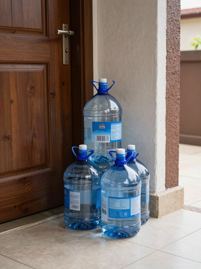 Wide environmental shot — a stack of three 19-liter water bottles resting outside a residential apartment door, even studio-quality daylight, no people, clean tiled floor visible, bottle labels catch the light, shot from a slight low angle to show bottle clarity