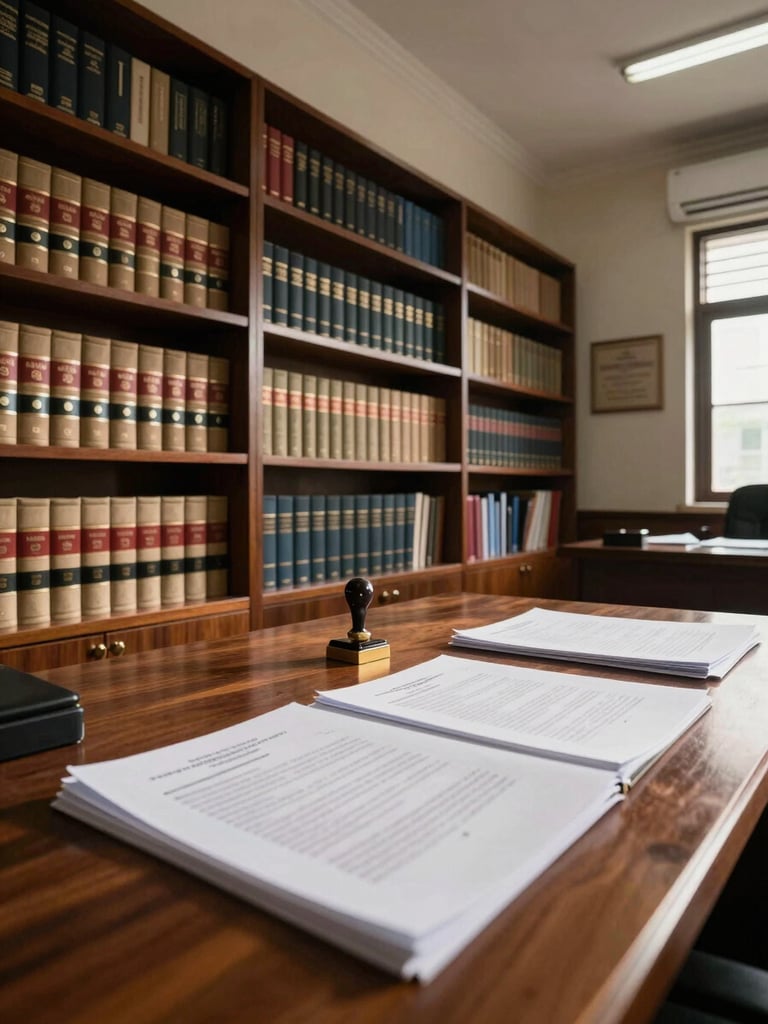 Wide interior of a Pontianak law office bathed in north-facing daylight, bookshelves heavy with case files and legal volumes along the left wall, a large wooden desk in the foreground with open documents and a notarial seal, warm natural light falling across the papers, slightly elevated angle showing the full depth of the room