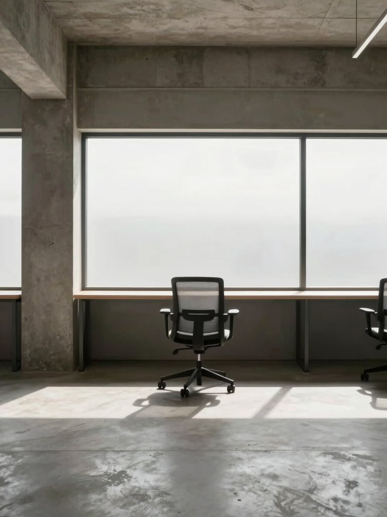 Wide shot of a minimalist office showroom interior, north-facing daylight flooding the space, a single ergonomic grey chair centred under diffused window light, empty workstation surface visible in background, concrete and warm grey tones, no people