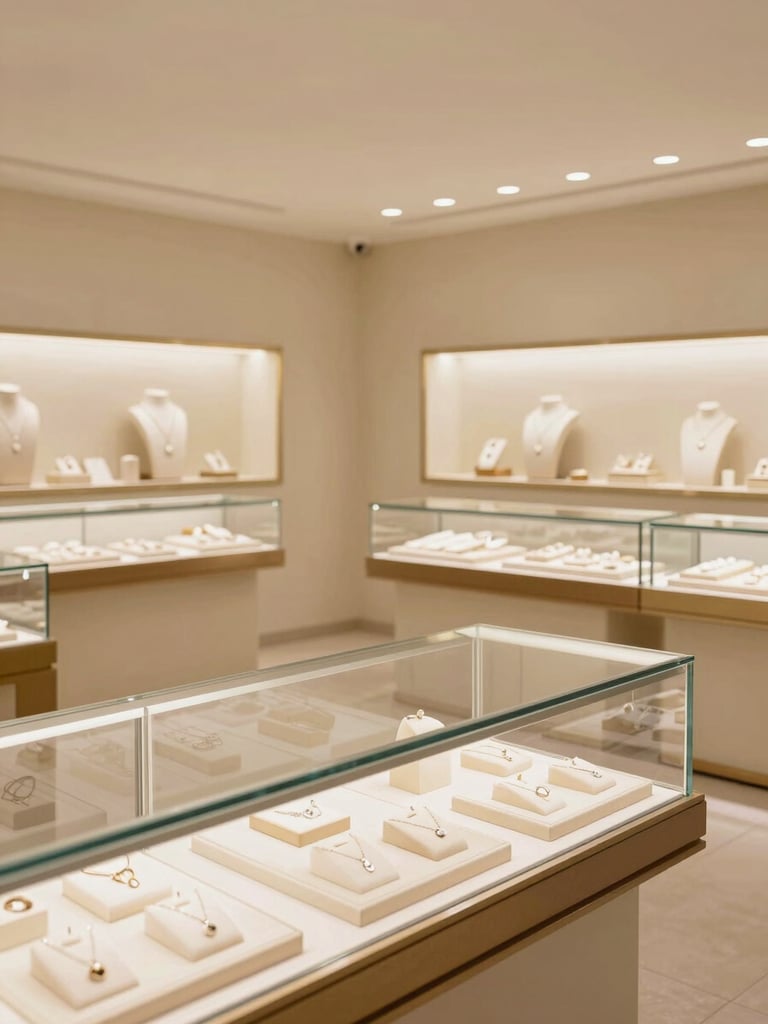 Wide shot of an empty jewellery showroom display counter from a low angle, illuminated display cases receding toward the far wall, warm champagne-gold lighting on polished glass and velvet display trays, no people, architectural calm and scale, soft ambient light from overhead fixtures