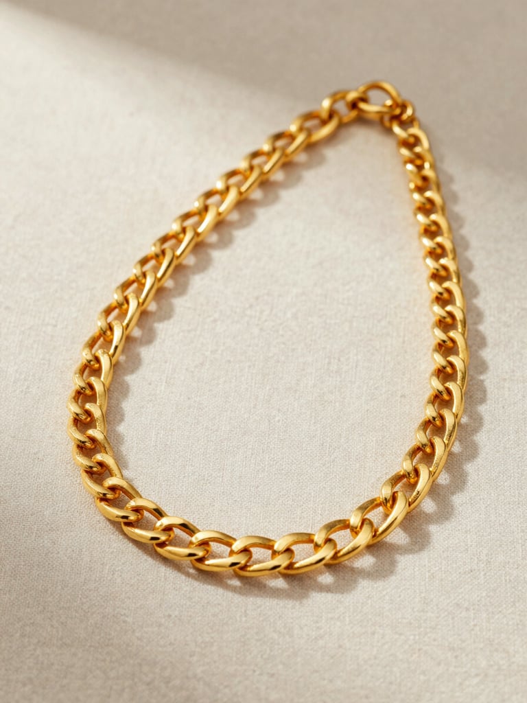 Close three-quarter view of a traditional gold necklace resting on a pale neutral linen surface, soft diffused studio light from the left emphasizing the weight and texture of each link, warm gold tones, no hands, no background clutter, macro detail visible in the clasps