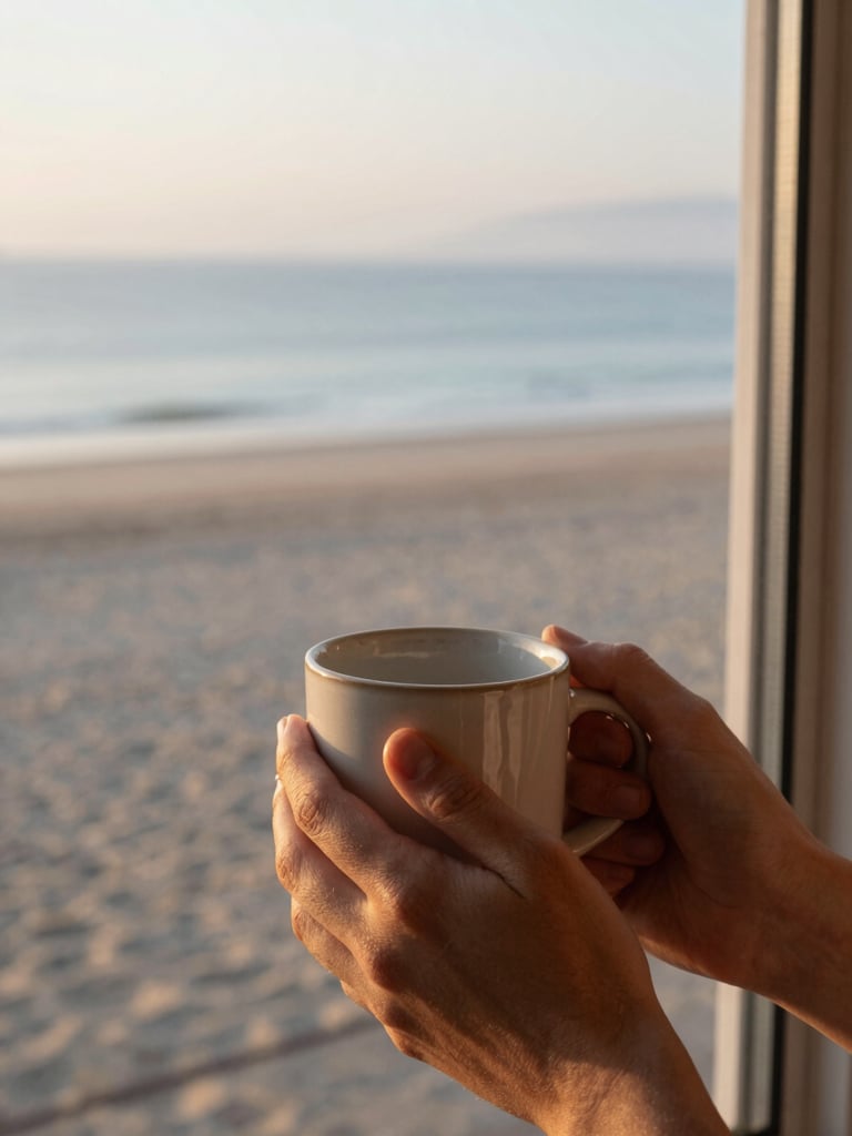 A close-up of hands holding a warm ceramic mug near a window overlooking a calm, misty beach at dawn, soft warm golden hour light, 35mm photography