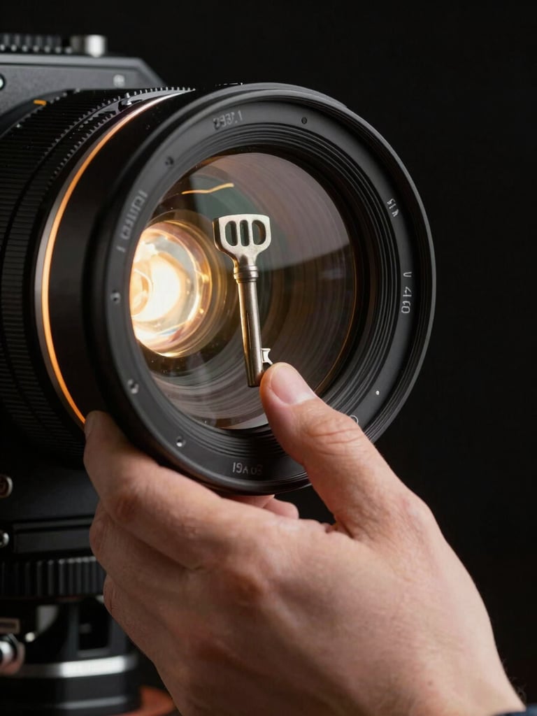 Extreme close-up on a cinema lens barrel catching a single tungsten key light, a director's hand in the foreground adjusting focus, deep shadow behind, cinematic 2.39:1 crop, near-black background with a thin rim of amber light defining the edge of the glass element