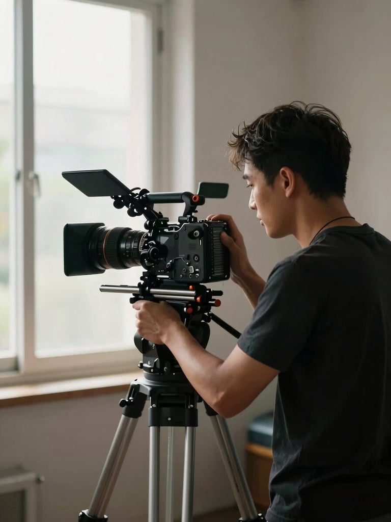 Behind-the-scenes documentary set, camera operator low to the ground framing an intimate scene, naturalistic afternoon light flooding from a side window, no awareness of the photographer, cinematic stillness