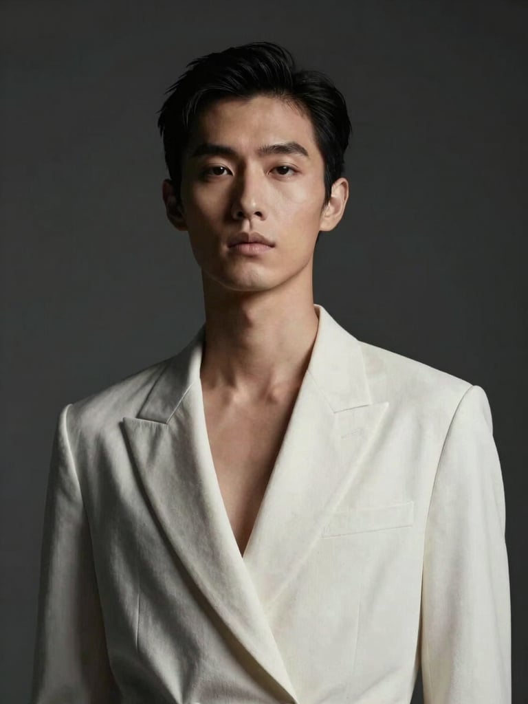 Tall portrait-oriented fashion film frame — model in structured monochrome garment, single overhead key light sculpting sharp shadows on cheekbone and collarbone, deep charcoal background, color grade desaturated with slight warm cast on skin tones, 2:3 portrait ratio