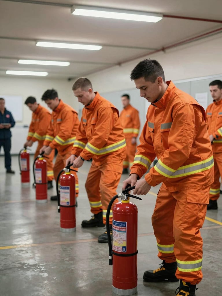 Close environmental shot inside a facility training room, brigade members in orange safety vests practicing with fire extinguisher equipment on concrete floor, overhead fluorescent lighting, instructor visible at left edge, documentary framing with no posed smiles