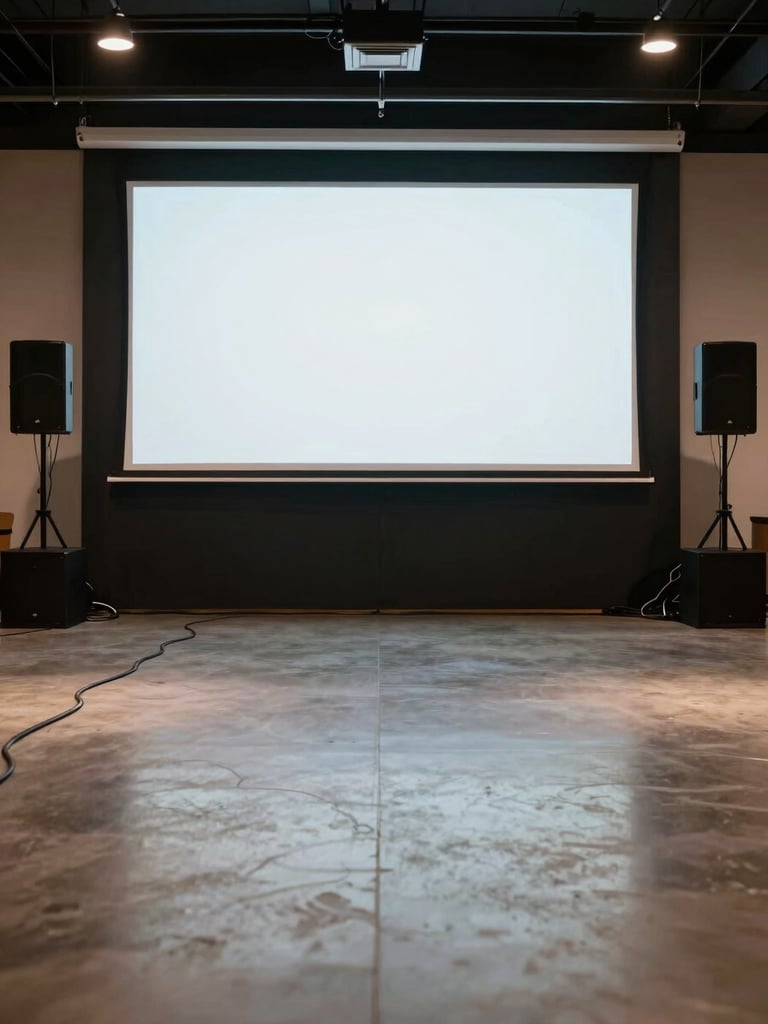 Wide shot of an event space being set up: a large projection screen mounted at the far end, speaker towers on each side, cables running along the floor, ambient overhead hall lighting, no people in frame