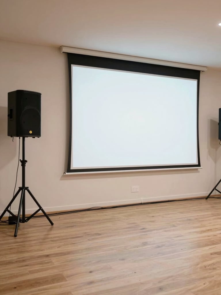 Wide shot of an indoor event space mid-setup from left side, professional sound speakers on tripod stands and a large projection screen erected at the far end, cables neatly run across the floor, bright neutral studio lighting, no people, documentary straight-on framing