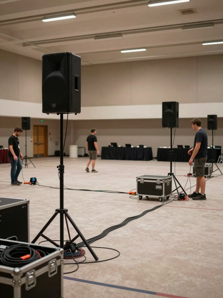 Wide environmental photo of an event space mid-setup — technicians positioning speaker stands and running cables across a conference hall floor, equipment cases open nearby, neutral overhead lighting, documentary style, no posed subjects