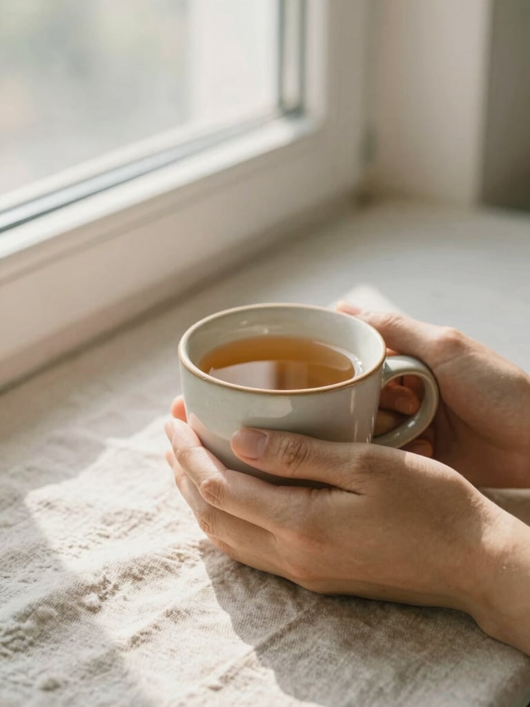 Hands holding a warm ceramic mug of herbal tea, soft morning light filtering through a window, organic linen fabric, peaceful and calm atmosphere, shallow depth of field
