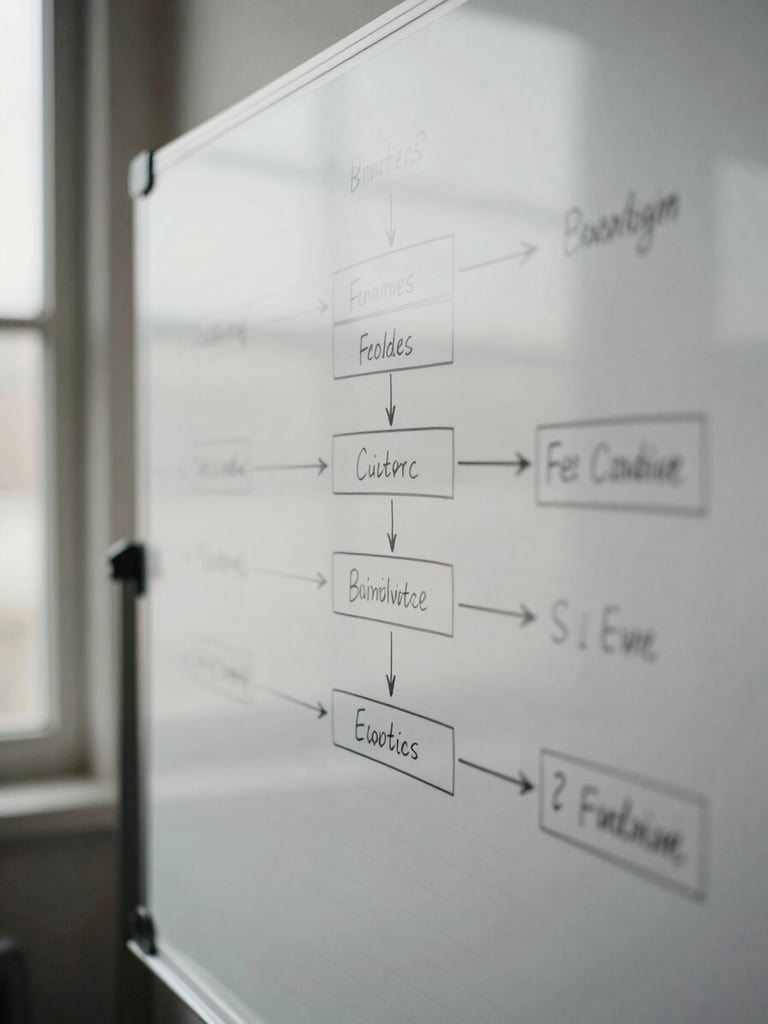 Close-up of a physical ledger and structured whiteboard with hand-drawn process diagrams, soft directional natural daylight, desaturated tones