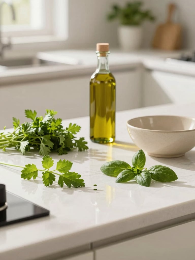 Bright natural sunlight illuminating a clean organized kitchen counter with fresh green herbs, olive oil, and a beige ceramic bowl.