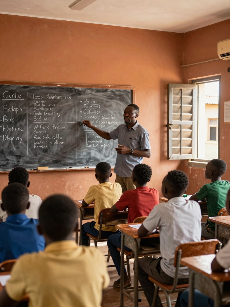 Wide shot from inside a Ghanaian classroom, a teacher standing at the front gesturing toward a chalkboard covered in lesson notes, a group of attentive students visible mid-frame, natural daylight streaming through open louvred windows on the right side, warm ochre walls, real teaching moment mid-instruction