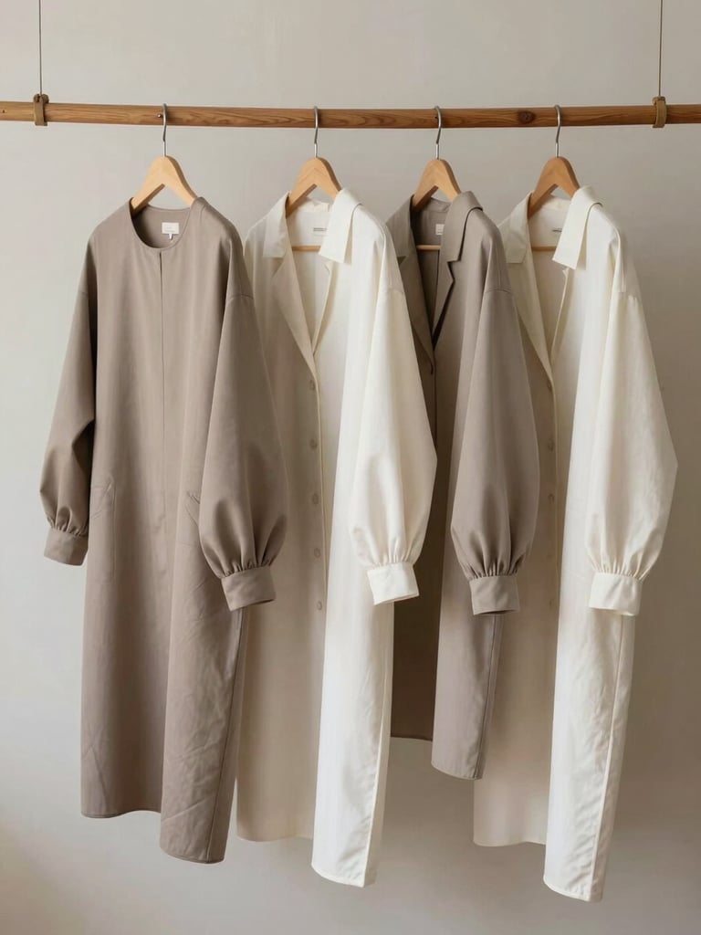 Minimalist women's garments in soft taupe and cream white hanging on raw wooden dowels against a neutral plaster wall.