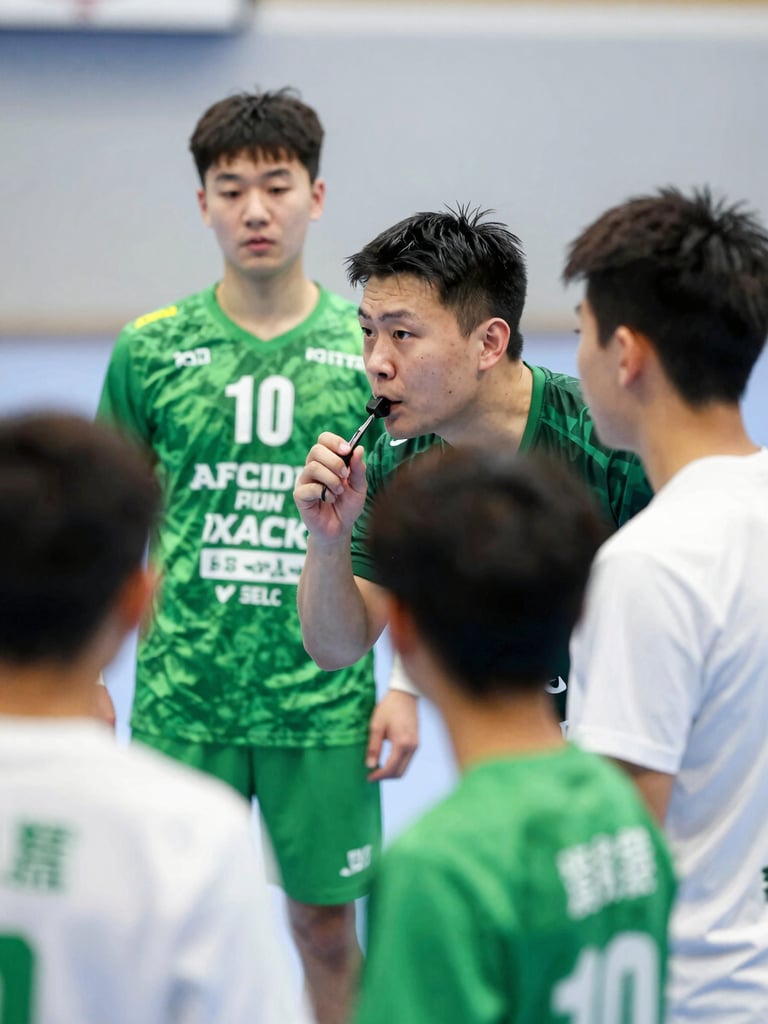 Dynamic close-up of a handball coach with a whistle guiding young players during a training session in a bright sports hall, green and white jerseys visible, high-contrast action shot