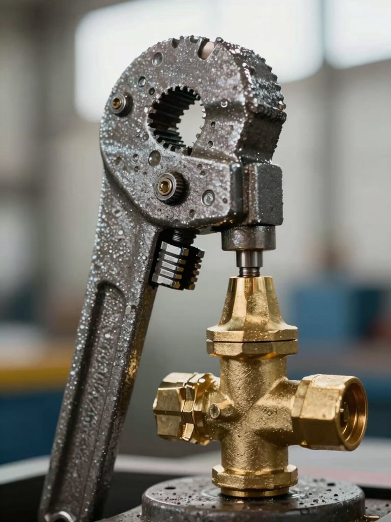 Close-up of a heavy-duty steel pipe wrench tightening a brass valve under bright, natural light, showing industrial precision.