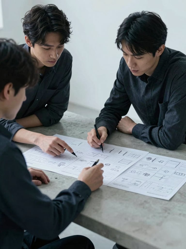 Two creative directors in dark charcoal clothing analyzing storyboards laid out on a light concrete table, soft natural side-lighting.