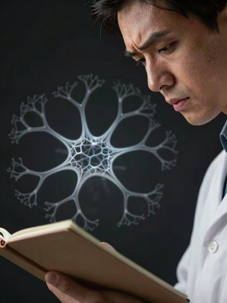Close overhead framing of a researcher's face and foreground notebook, soft studio strobe light on furrowed brow in deep concentration, a delicate translucent neural network line diagram layered behind, cool near-black background, no bokeh, precise and considered