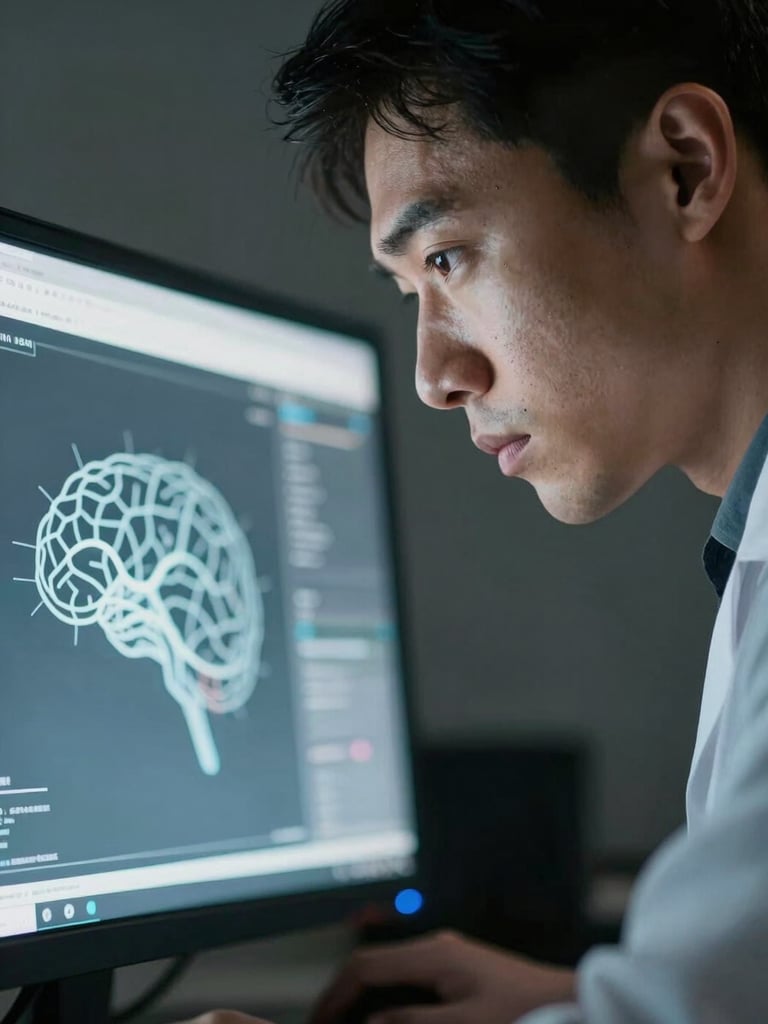 Tight overhead framing of a researcher's face and forehead in deep concentration, eyes scanning a glowing monitor, soft north-facing studio light casting clean shadows, neural network line diagram faintly visible on the screen behind, no bokeh, no dramatic shadows