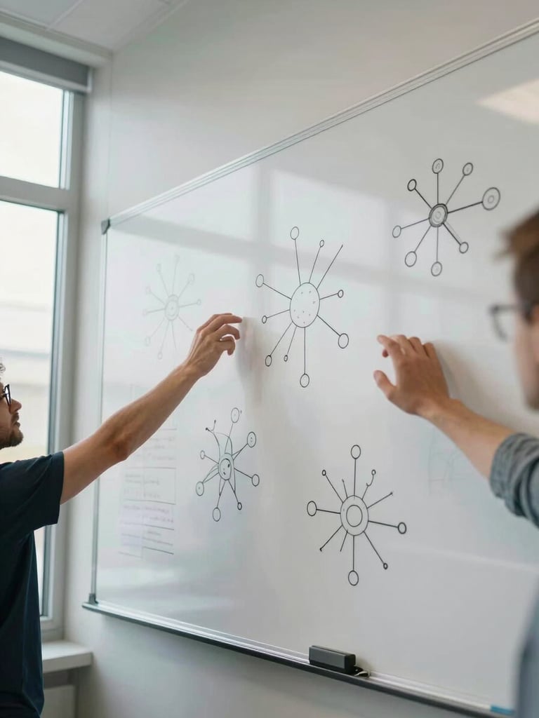 Wide environmental shot of a research workspace, two sets of hands reaching toward a large wall-mounted display covered in minimal neural network diagrams and annotated whiteboard sketches, soft diffuse north-facing daylight through tall windows, no faces visible, overhead angle, clean and uncluttered