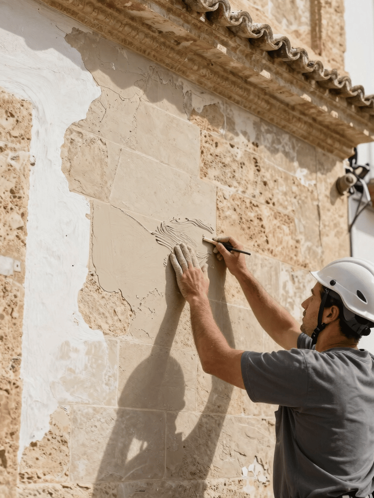 Close-up of a craftsman's hands pressing fresh mortar into a stone joint on a weathered Cádiz facade, natural daylight raking across the textured surface, trowel visible at the edge of frame