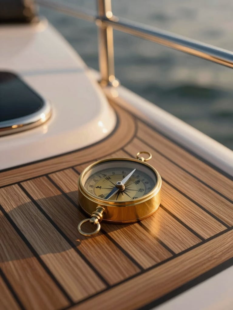 Polished brass compass on an oiled teak deck of a luxury yacht, warm golden hour light casting soft shadows, elegant maritime detail.
