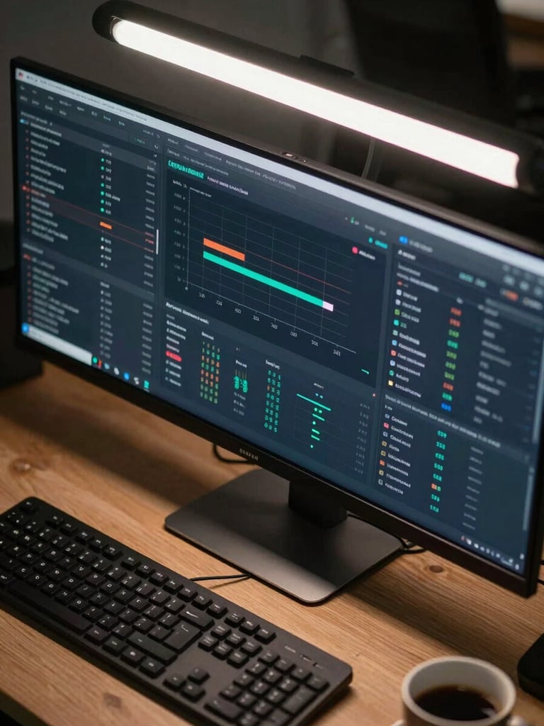 Close overhead shot of a performance marketer's dual-monitor setup showing a live programmatic dashboard with conversion funnel metrics and audience segment breakdowns, office fluorescent lighting, keyboard and coffee cup visible at frame edge, sharp technical detail
