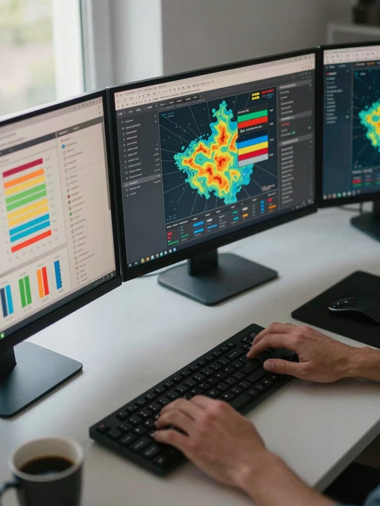 Overhead close-up of a media buyer's desk — three monitors displaying channel performance dashboards with color-coded bar charts and geographic heat maps, coffee cup at edge of frame, natural window light from left, hands hovering over keyboard