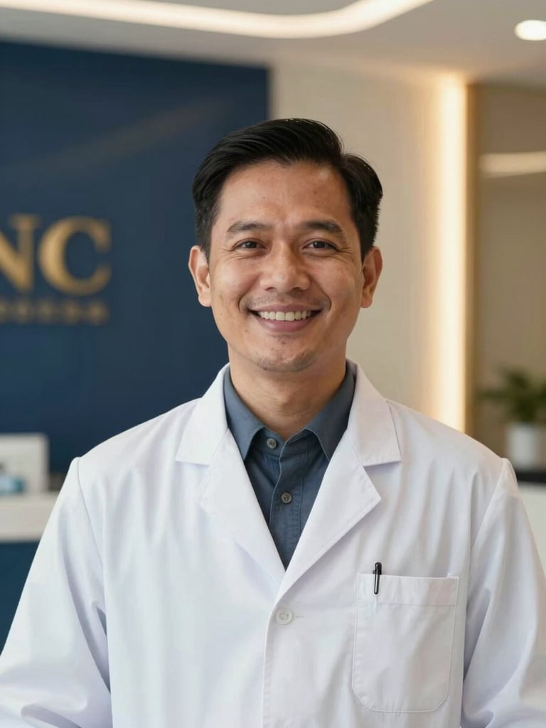 Professional portrait of a Malaysian male doctor in a clean white coat smiling warmly, modern clinic background, soft golden light, 35mm