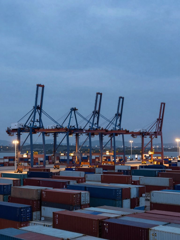Environmental wide-angle shot of a major container port terminal at dusk, cranes silhouetted against a steel-blue overcast sky, shipping containers stacked in ordered rows extending to the horizon, cool diffused light, no people visible, industrial scale and precision in the foreground