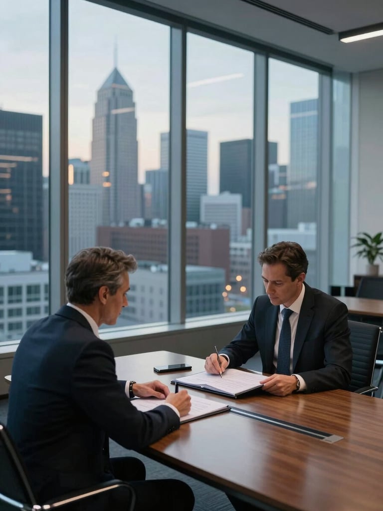 Environmental wide shot inside a glass-walled international financial hub boardroom at dusk — two executives in dark suits seated at a long table reviewing a bound transaction closing binder, city skyline visible through floor-to-ceiling windows in the background, cool natural light from outside, deliberate and focused atmosphere, no smiling