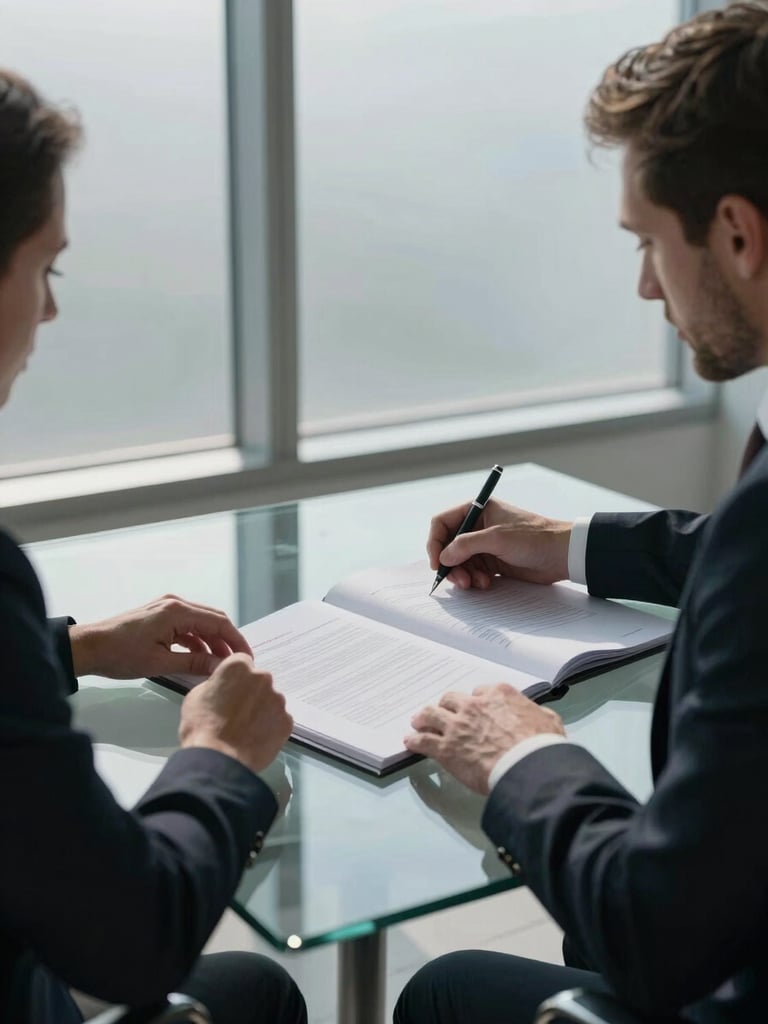Wide environmental shot, cool studio light, two executives seated across a glass-topped table reviewing a thick transaction closing binder, hands resting on document pages, one executive's pen poised mid-signature, dark suit fabric, minimal décor, floor-to-ceiling window behind them casting pale morning light across the documents