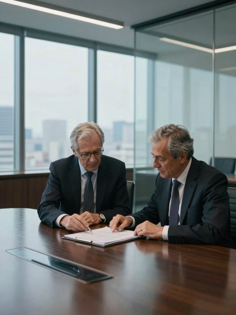Wide environmental shot inside a glass-walled boardroom, two senior executives seated at a long conference table reviewing a bound transaction document together, one pointing to a specific clause, cool diffused studio light from tall windows, city skyline barely visible in the background, deliberate composed framing, no smiles, focused execution atmosphere