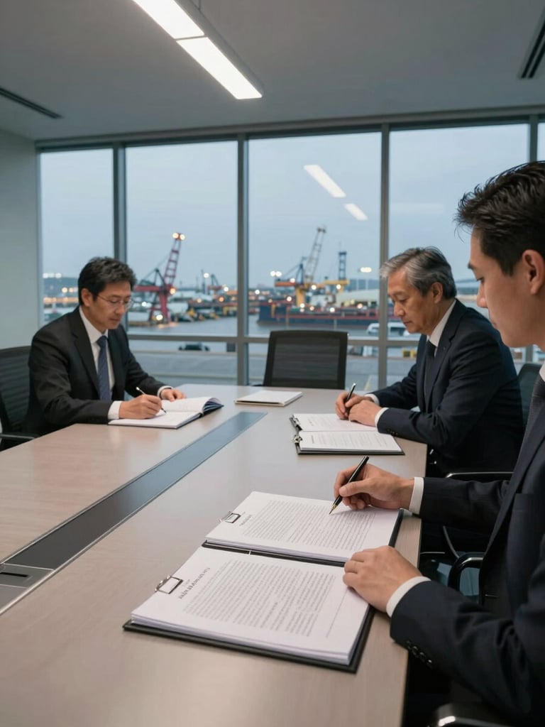 Wide environmental shot inside a glass-walled boardroom, two executives in dark suits seated at a long conference table reviewing a thick transaction closing binder, overhead fluorescent-cool light casting clean shadows across contract pages, a second open binder and a legal pad visible mid-frame, background reveals a port terminal at dusk through floor-to-ceiling windows