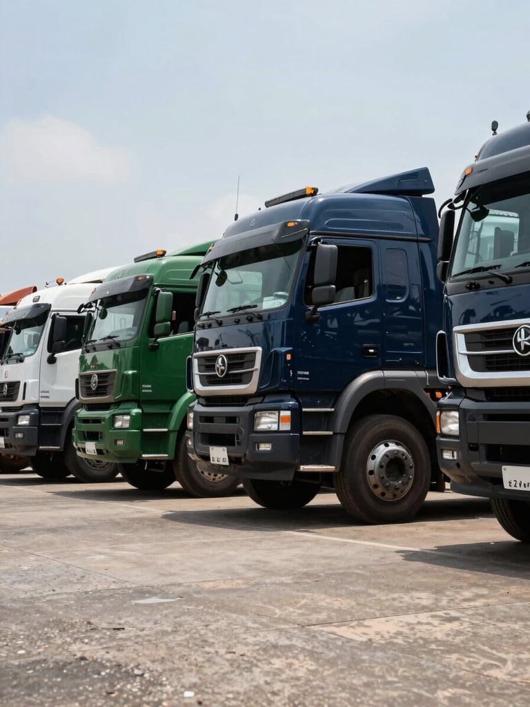 Low-angle heroic wide shot of pristine heavy-duty trucks parked in a clean, organized bay in Lagos, bright daylight, deep shadows, 35mm lens