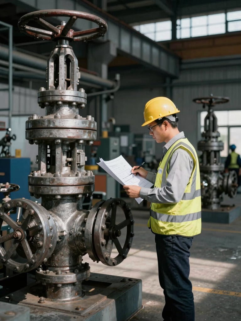 An industrial inspector in safety gear and hardhat reviewing a technical blueprint next to a large steel valve assembly, high-contrast shadows, 35mm documentary style.