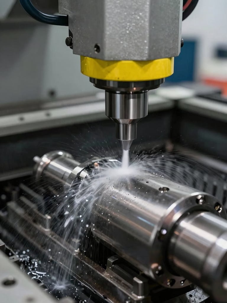 Close-up of a precision aerospace component being milled by a CNC machine, coolant spraying, sharp focus on the metal cuts, natural high-contrast factory lighting.