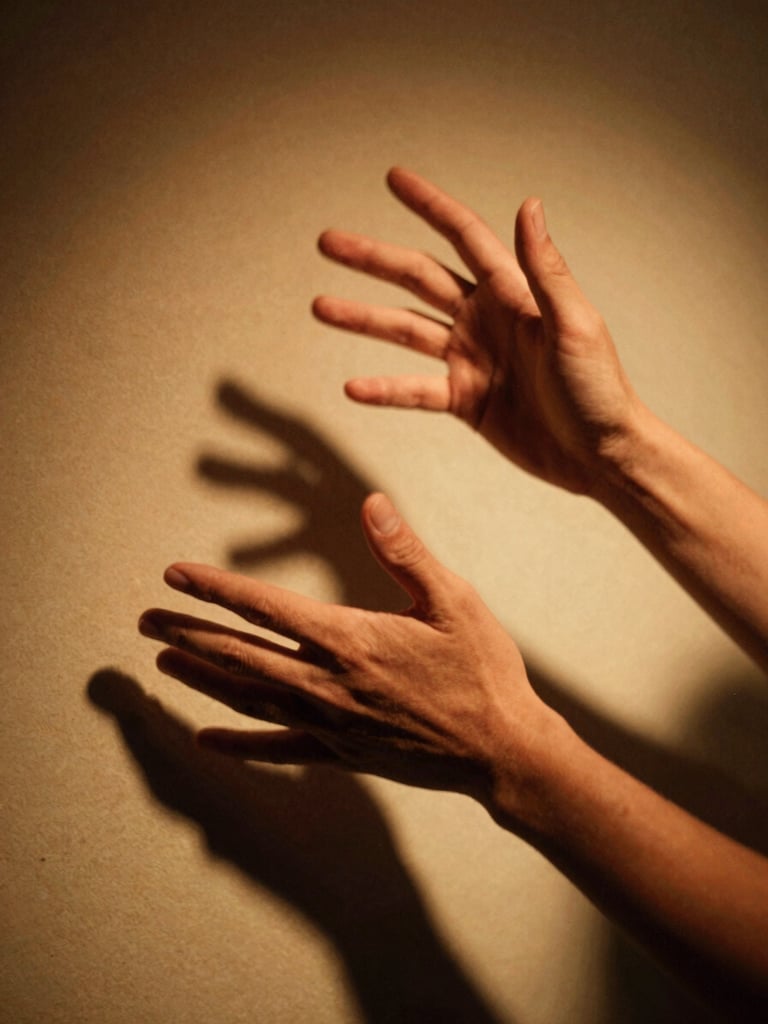 Close-up of expressive hands gesturing in warm theatrical light, dynamic shadow, rich earth tones, 35mm film