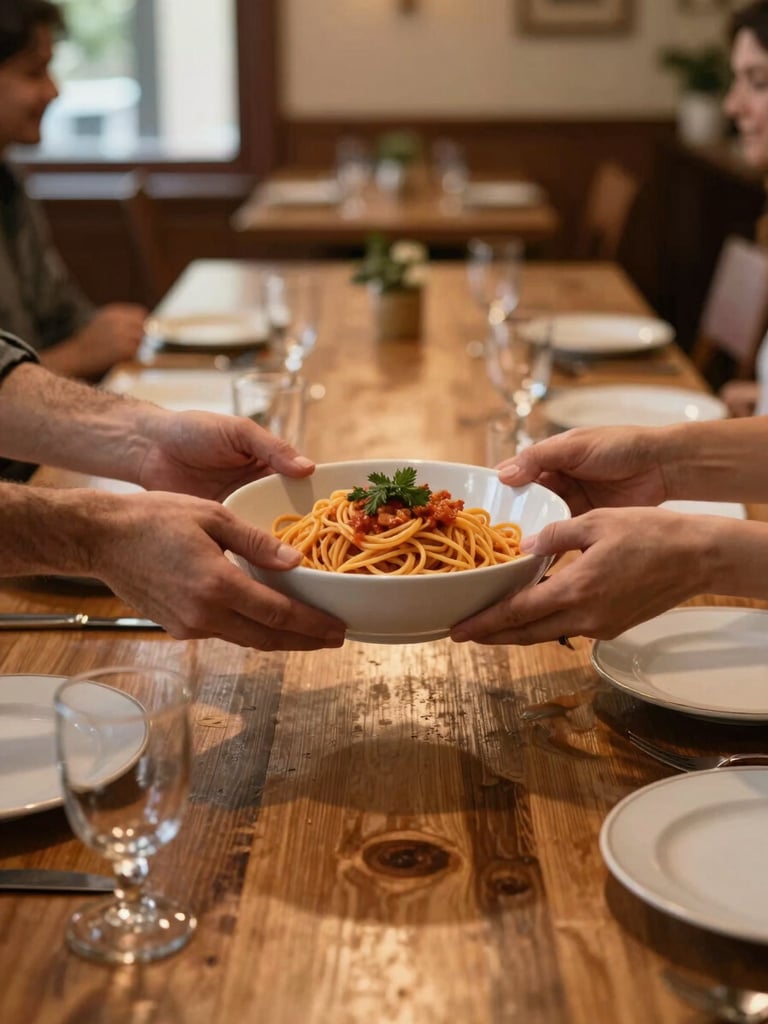 Close-frame view from the end of a long wooden table, hands passing a bowl of pasta toward other hands, warm amber light from a side window, worn tablecloth and mismatched glasses, lodge dining room visible softly out of focus behind