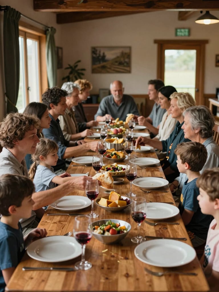Wide shot of a full long dining table mid-meal inside the lodge, adults and children seated together, plates and wine glasses in motion, warm window light from the left, no faces as primary subject — hands passing bread, shoulders leaning in conversation, a lived-in room behind them