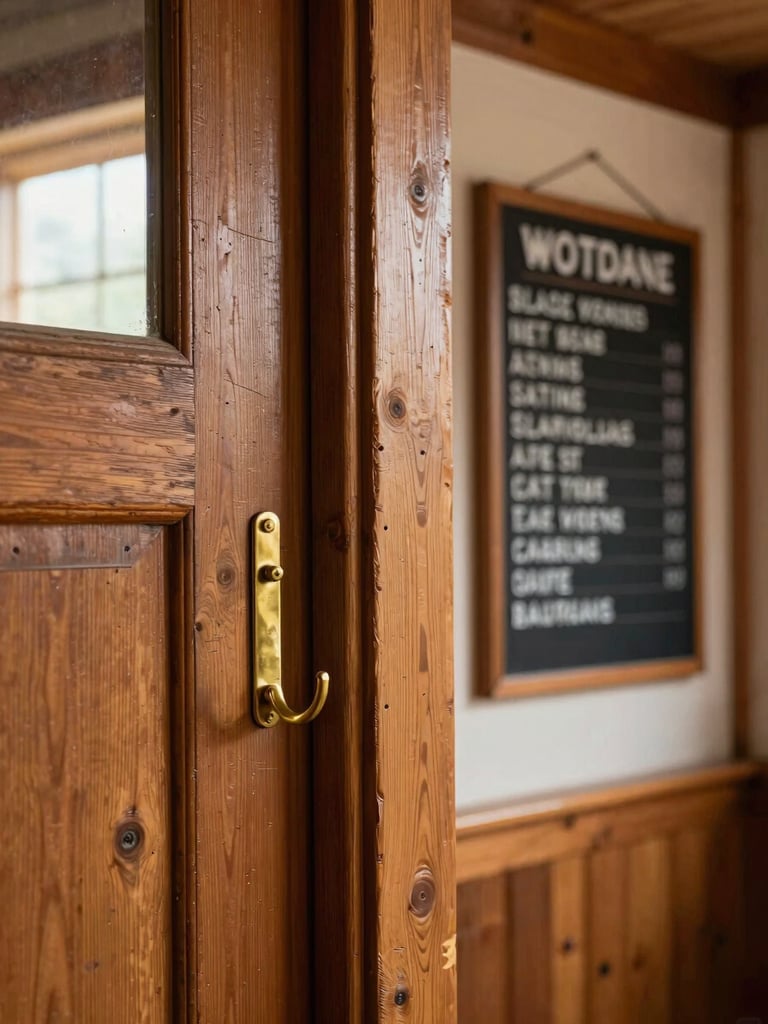 Close detail of a worn wooden doorframe inside the lodge, brass coat hooks mounted to the side, a hand-lettered bulletin board visible just past the threshold, warm window light catching the grain of the wood
