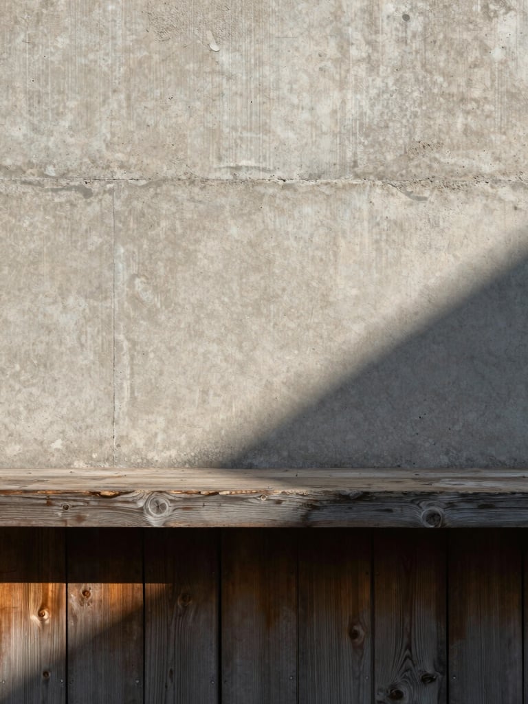 Straight-on architectural detail of raw concrete and weathered pine wood, soft afternoon shadow casting a sharp diagonal, minimalist composition.