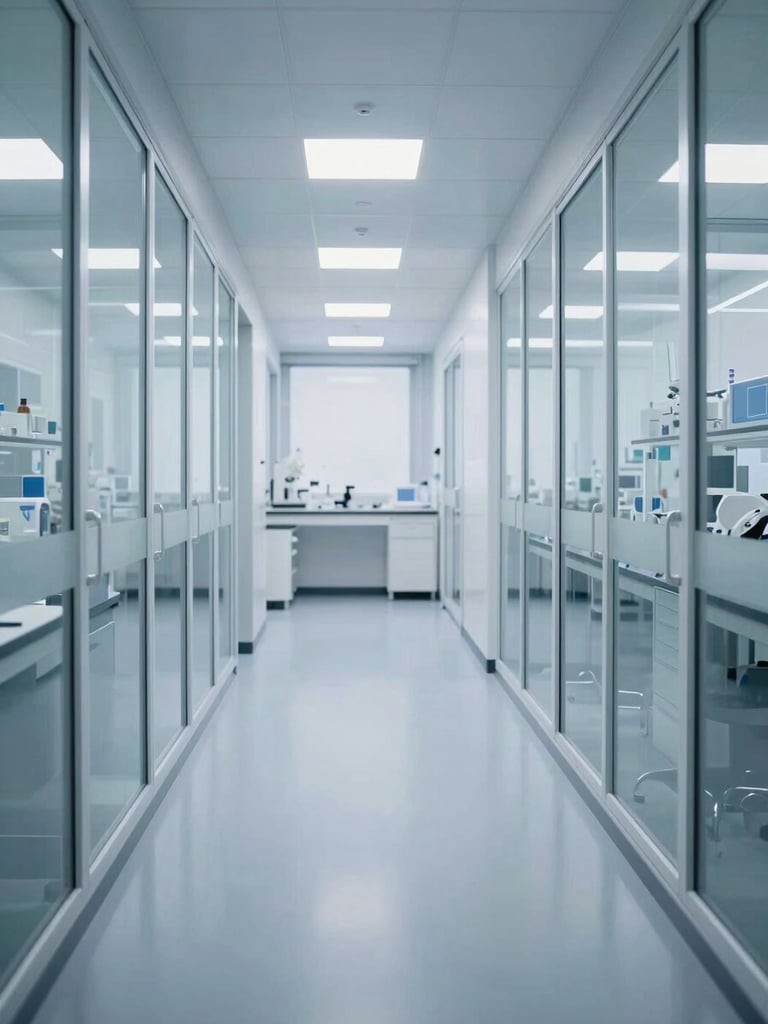 An empty, pristine modern laboratory corridor with glass walls, reflecting cool overcast daylight, emphasizing architectural depth and scientific precision.