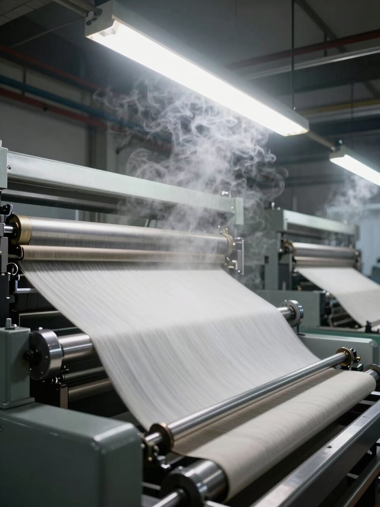 High-contrast industrial interior, fabric moving rapidly through a massive stenter frame under bright overhead lights, steam rising, metallic surfaces.