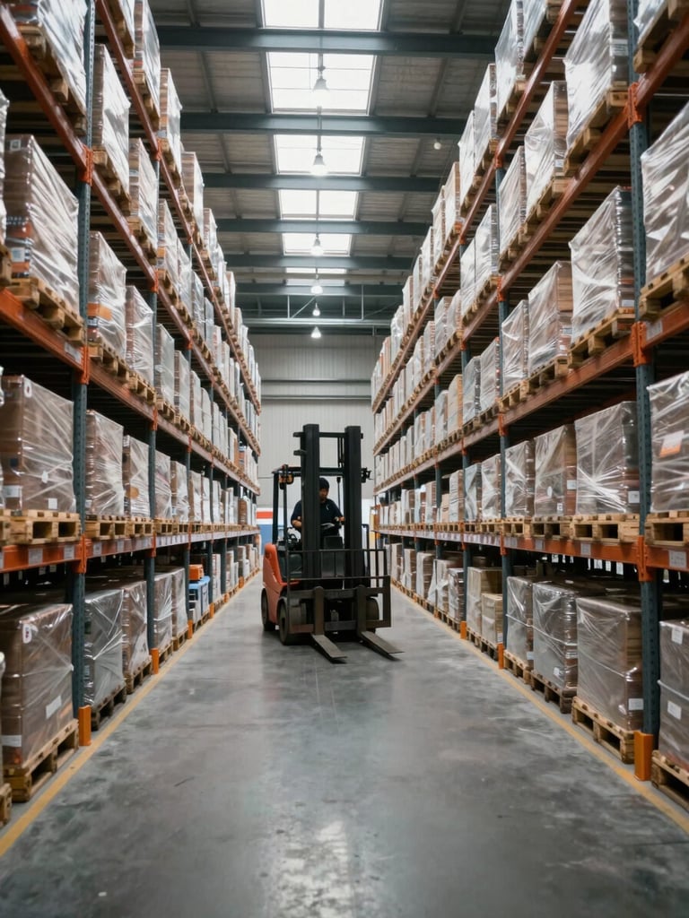 Close environmental shot inside a large logistics warehouse, palletised freight on heavy racking stretching into the distance under industrial strip lighting, a forklift operator visible mid-frame moving a pallet, overcast daylight filtering through high clerestory windows