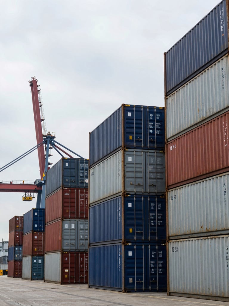Wide panoramic view of a busy container terminal at overcast daylight — stacked shipping containers in navy, rust, and steel grey filling the right two-thirds of the frame, a gantry crane silhouetted against a pale industrial sky on the left, flat natural light with no colour grading