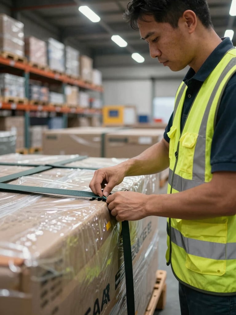 Close-up of a freight worker in high-visibility vest securing cargo straps on a loaded pallet inside a warehouse, overhead industrial lighting, rows of racked goods visible in the background, sharp documentary framing