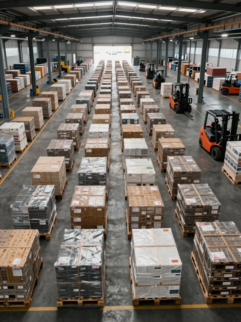 Overhead wide shot of a logistics sorting facility at an international freight hub, palletised cargo arranged in organised rows on a warehouse floor, natural overcast light through skylights, forklifts visible mid-distance, precise industrial order